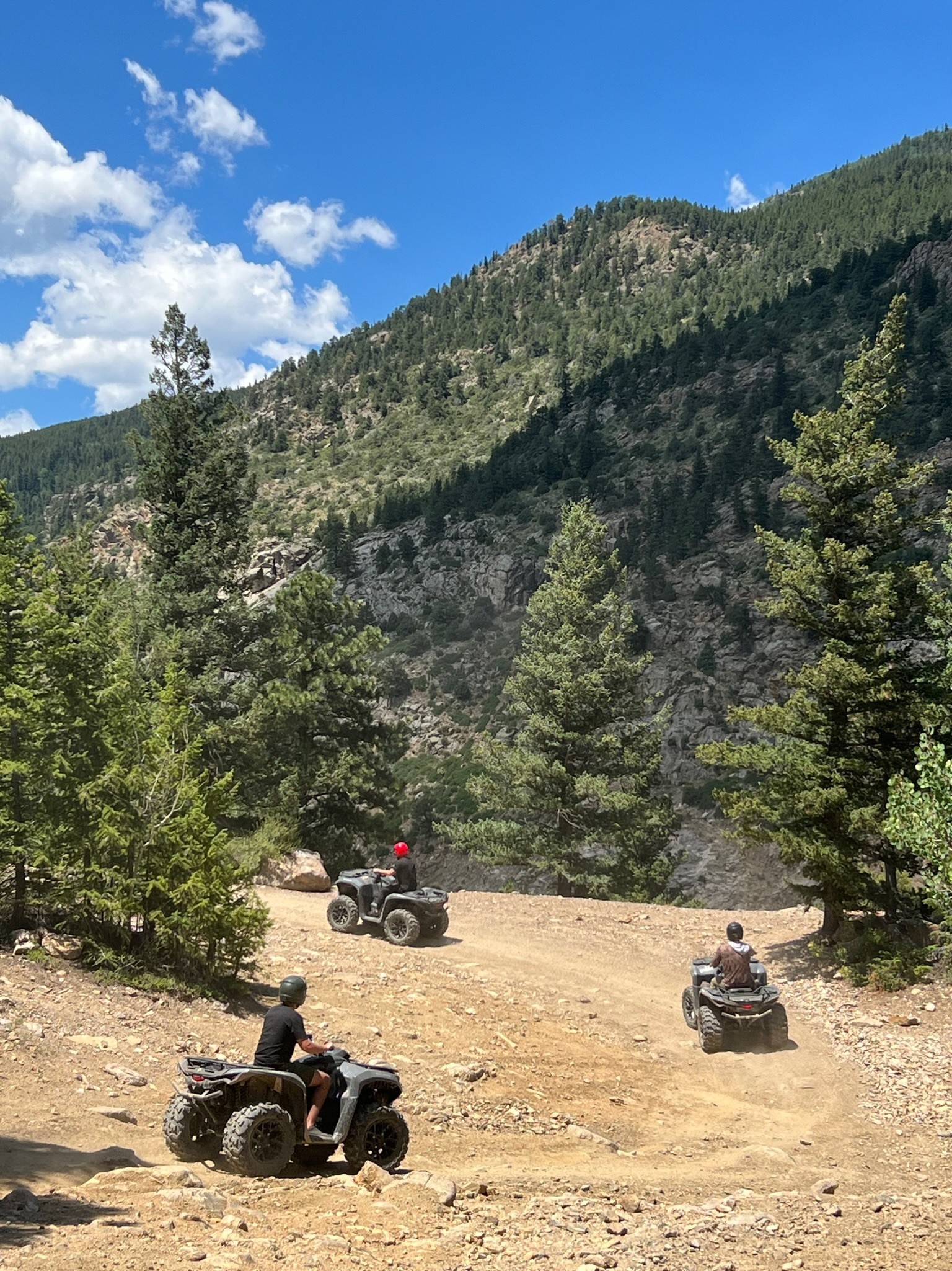 multiple ATV's riding through a dirt path in the forest